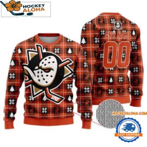 Anaheim Ducks Snow Tree Christmas Ugly Sweater Custom Name And Custom Number