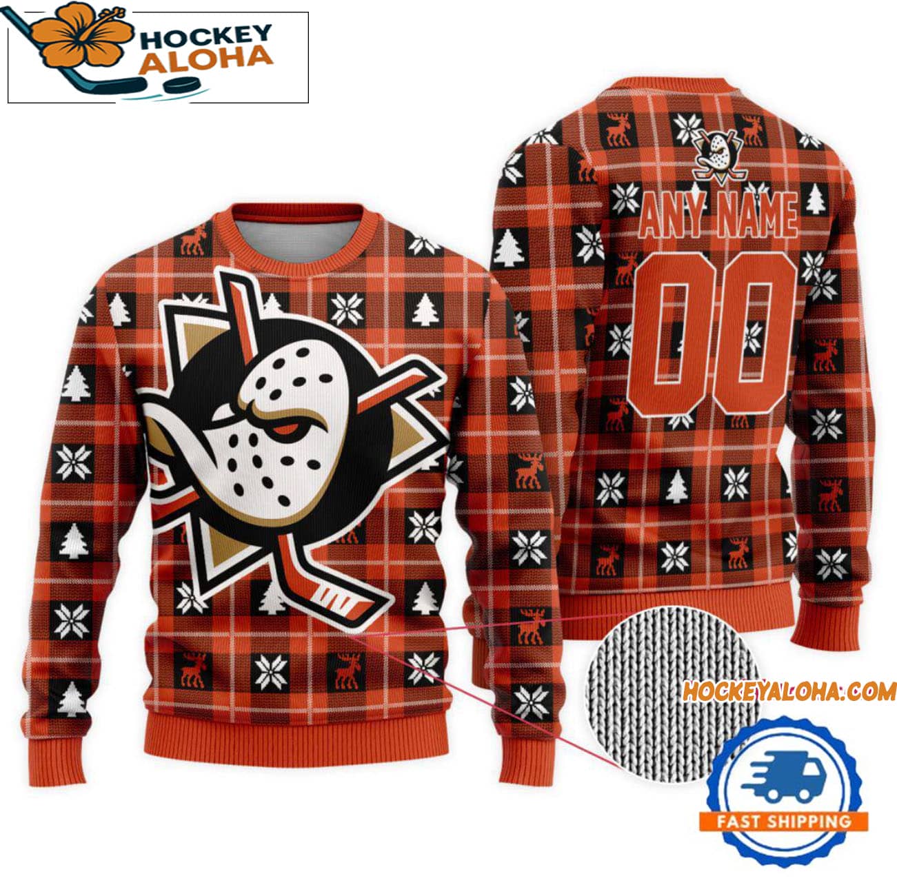 Anaheim Ducks Snow Tree Christmas Ugly Sweater, Custom Name And Custom Number Anaheim Ducks Snow Tree Christmas Ugly Sweater, Custom Name And Custom Number