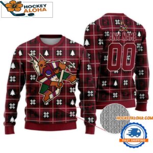 Arizona Coyotes Snow Tree Christmas Ugly Sweater Custom Name And Custom Number