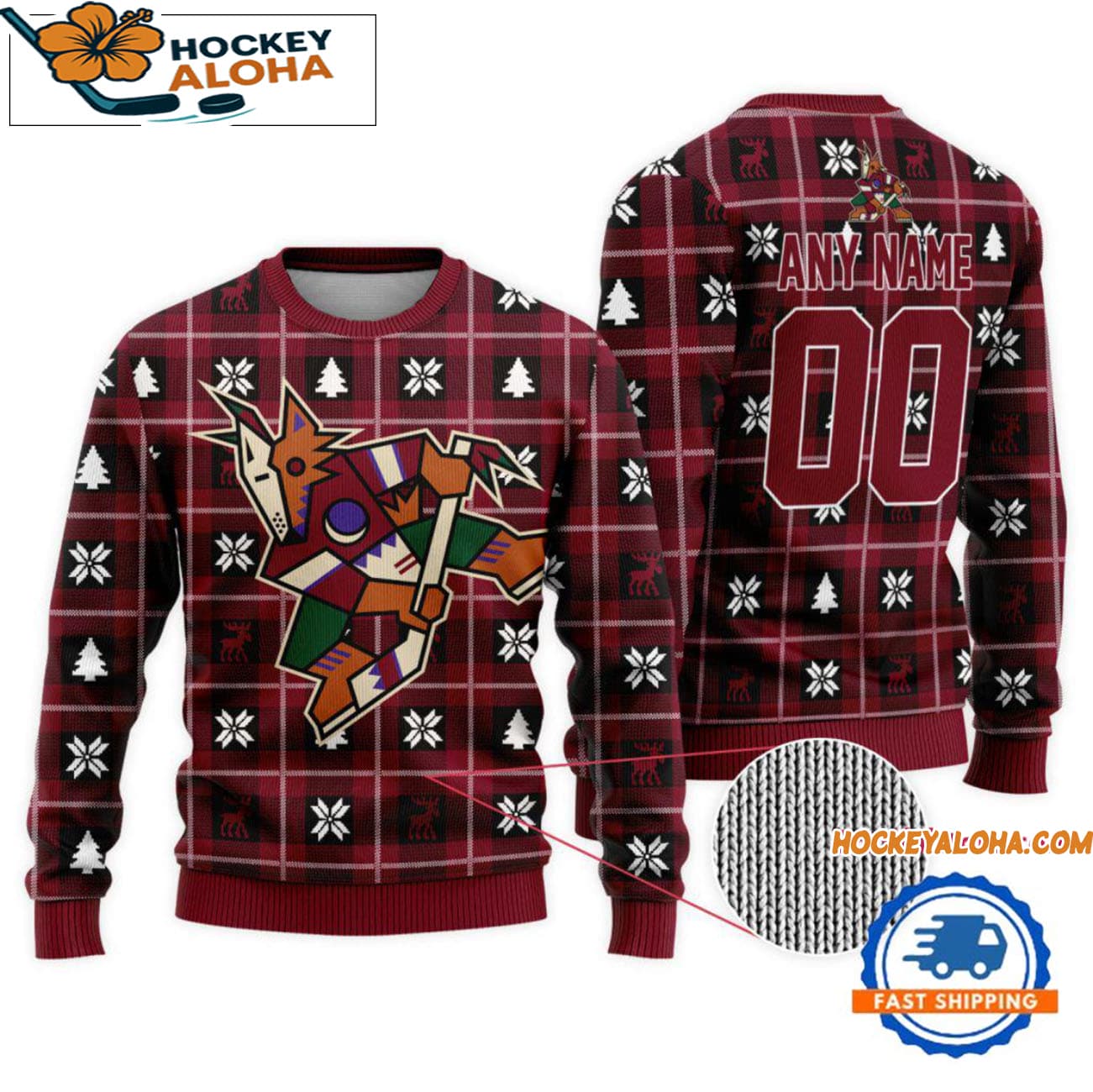 Arizona Coyotes Snow Tree Christmas Ugly Sweater, Custom Name And Custom Number Arizona Coyotes Snow Tree Christmas Ugly Sweater, Custom Name And Custom Number