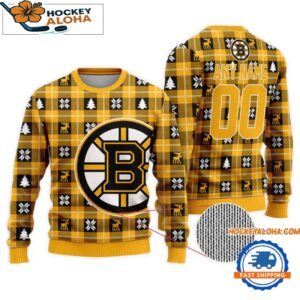 Boston Bruins Snow Tree Christmas Ugly Sweater Custom Name And Custom Number