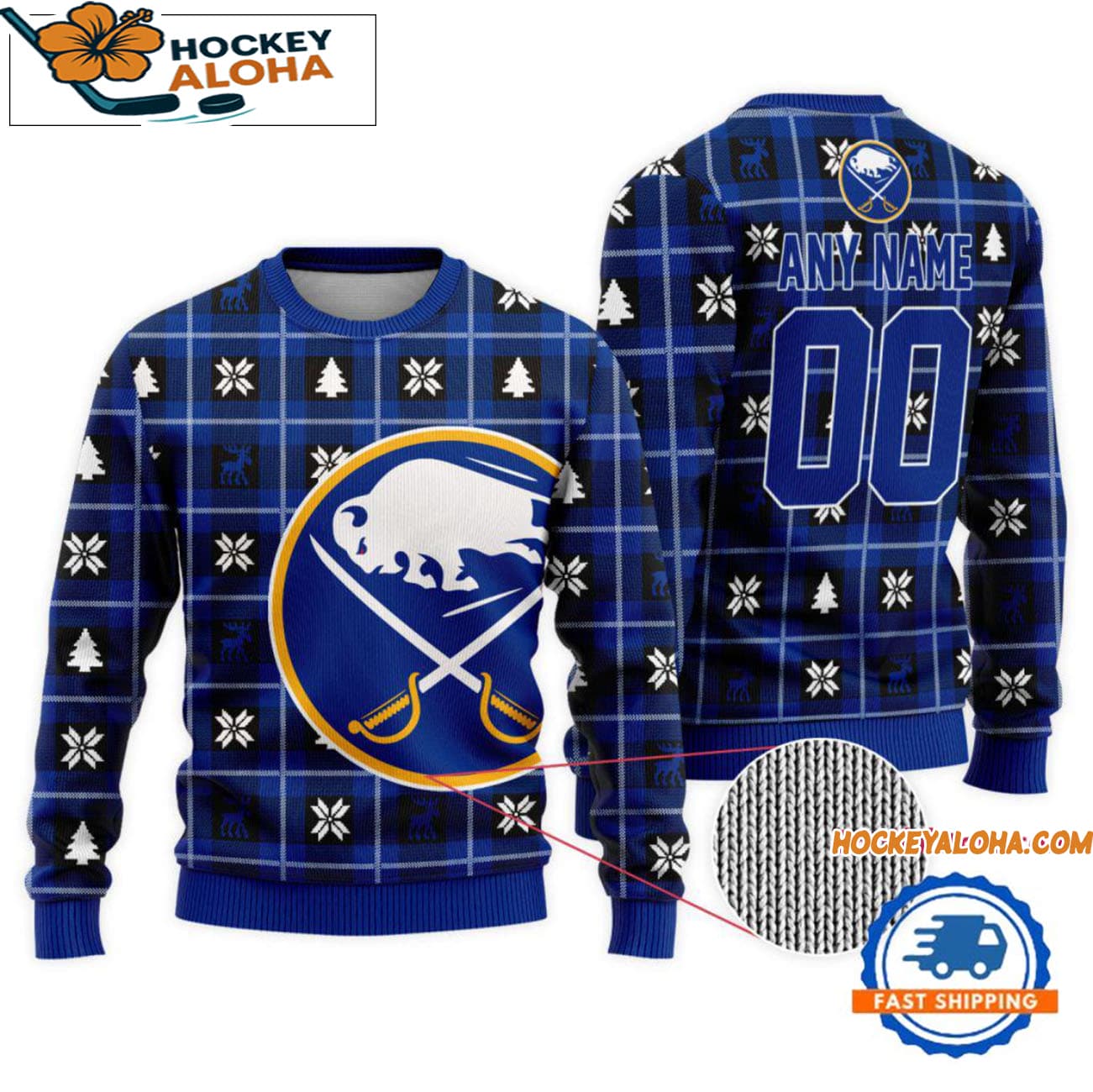 Buffalo Sabres Snow Tree Christmas Ugly Sweater, Custom Name And Custom Number Buffalo Sabres Snow Tree Christmas Ugly Sweater, Custom Name And Custom Number