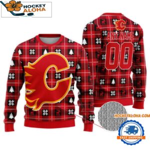 Calgary Flames Snow Tree Christmas Ugly Sweater Custom Name And Custom Number