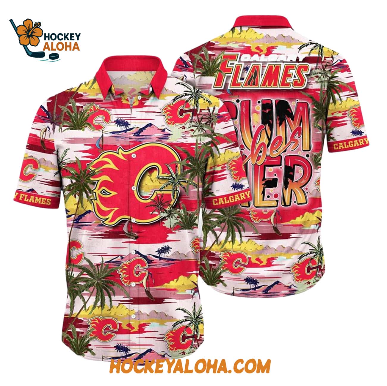 Calgary Flames Tropical Desert Island Motif Summer Hawaiian Shirt Calgary Flames Tropical Desert Island Motif Summer Hawaiian Shirt