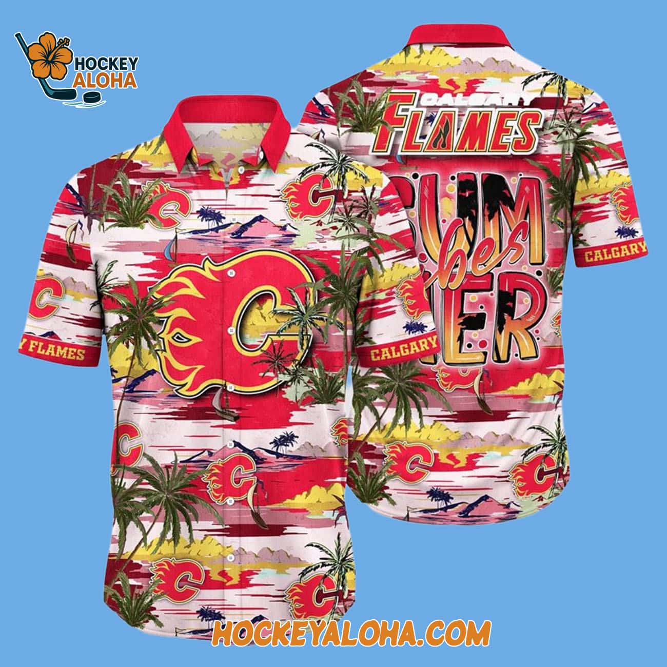 Calgary Flames Tropical Desert Island Motif Summer Hawaiian Shirt Calgary Flames Tropical Desert Island Motif Summer Hawaiian Shirt