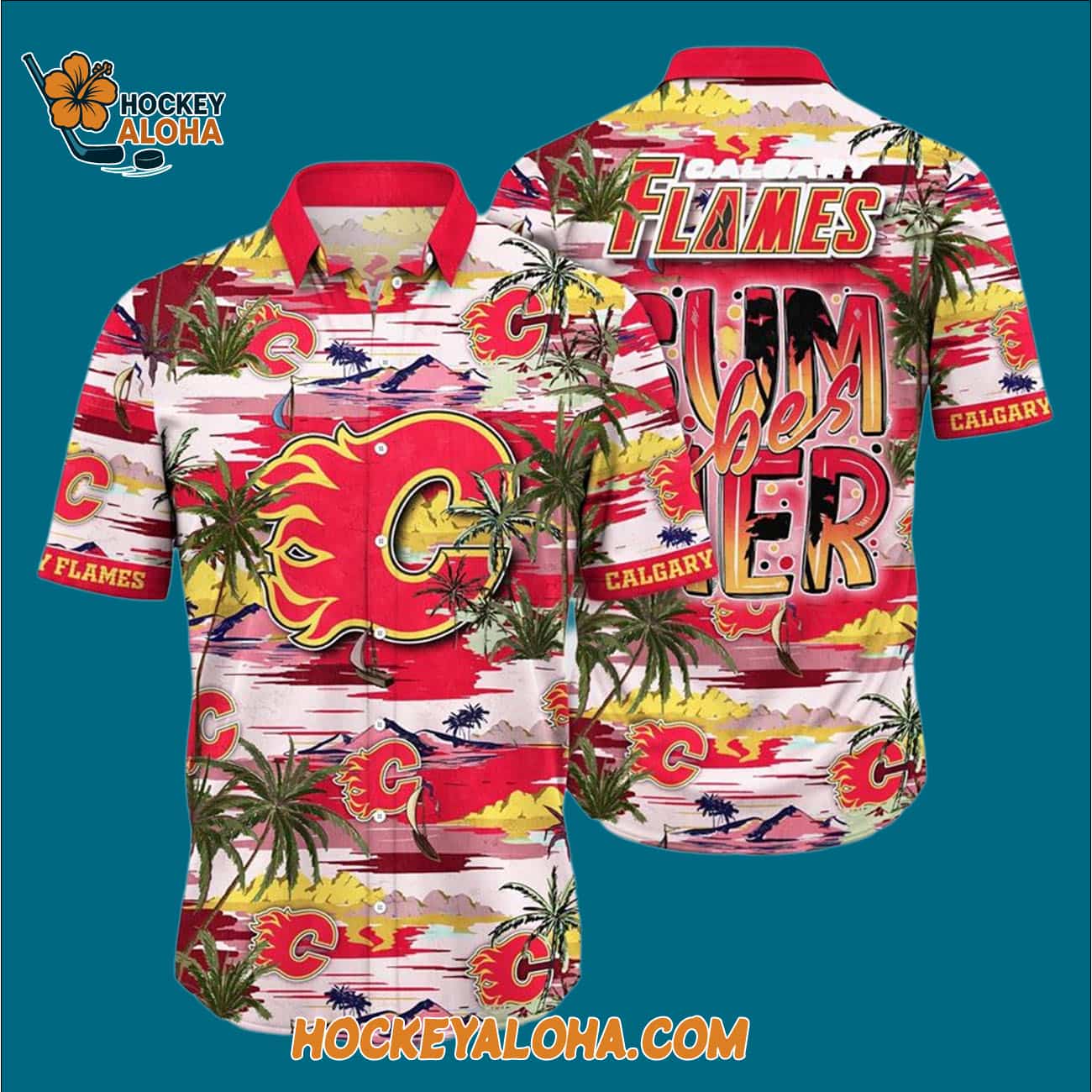 Calgary Flames Tropical Desert Island Motif Summer Hawaiian Shirt Calgary Flames Tropical Desert Island Motif Summer Hawaiian Shirt