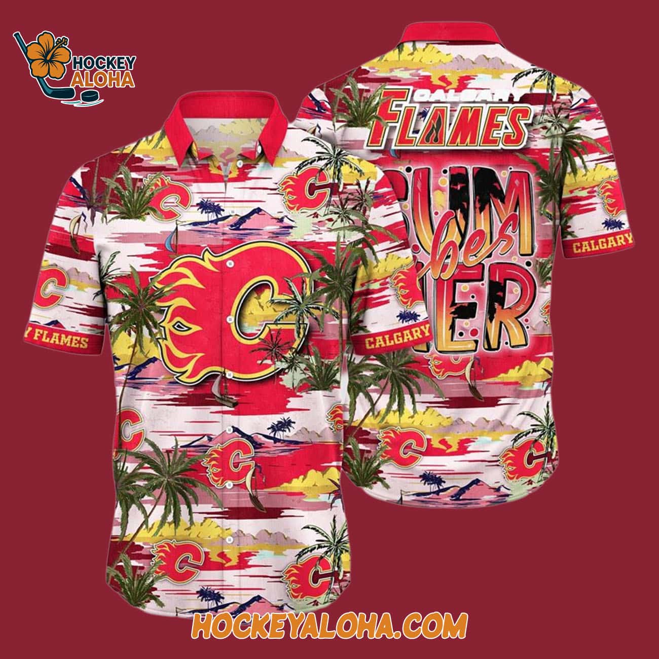 Calgary Flames Tropical Desert Island Motif Summer Hawaiian Shirt Calgary Flames Tropical Desert Island Motif Summer Hawaiian Shirt
