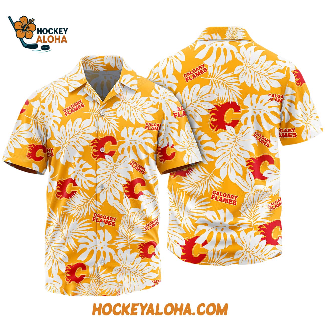 Calgary Flames Tropical Leafs Design Hawaiian Shirt Calgary Flames Tropical Leafs Design Hawaiian Shirt