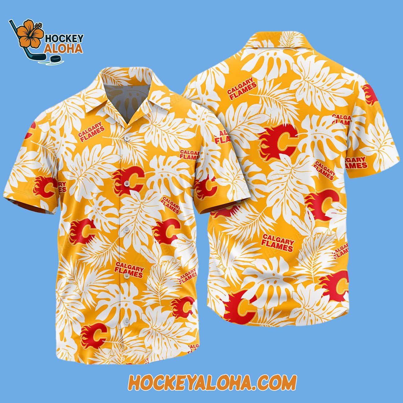Calgary Flames Tropical Leafs Design Hawaiian Shirt Calgary Flames Tropical Leafs Design Hawaiian Shirt