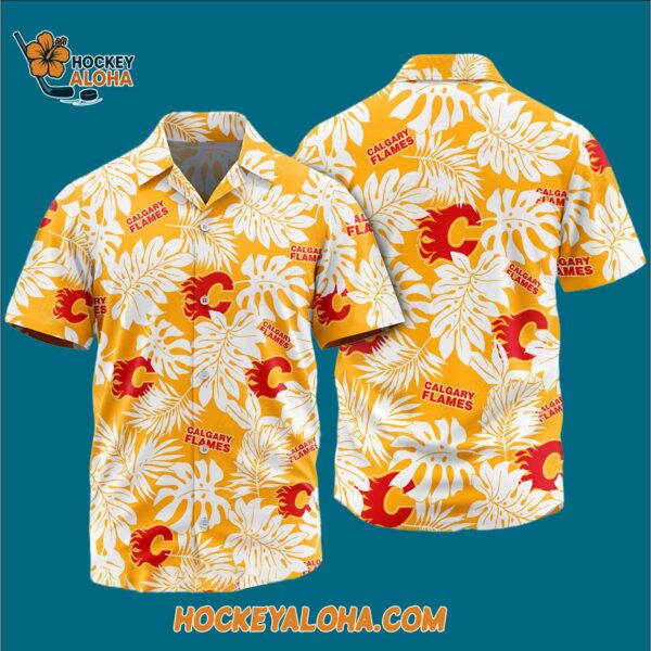 Calgary Flames Tropical Leafs Design Hawaiian Shirt 3