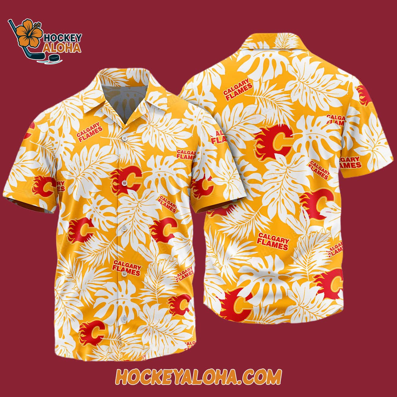 Calgary Flames Tropical Leafs Design Hawaiian Shirt Calgary Flames Tropical Leafs Design Hawaiian Shirt