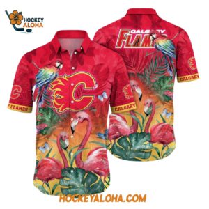 Calgary Flames Tropical Parrot And Flamingo Motifs Summer Hawaiian Shirt 1