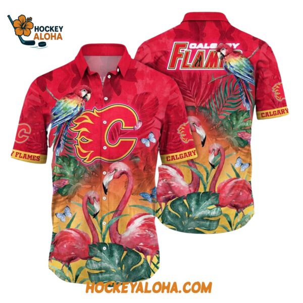 Calgary Flames Tropical Parrot And Flamingo Motifs Summer Hawaiian Shirt 1