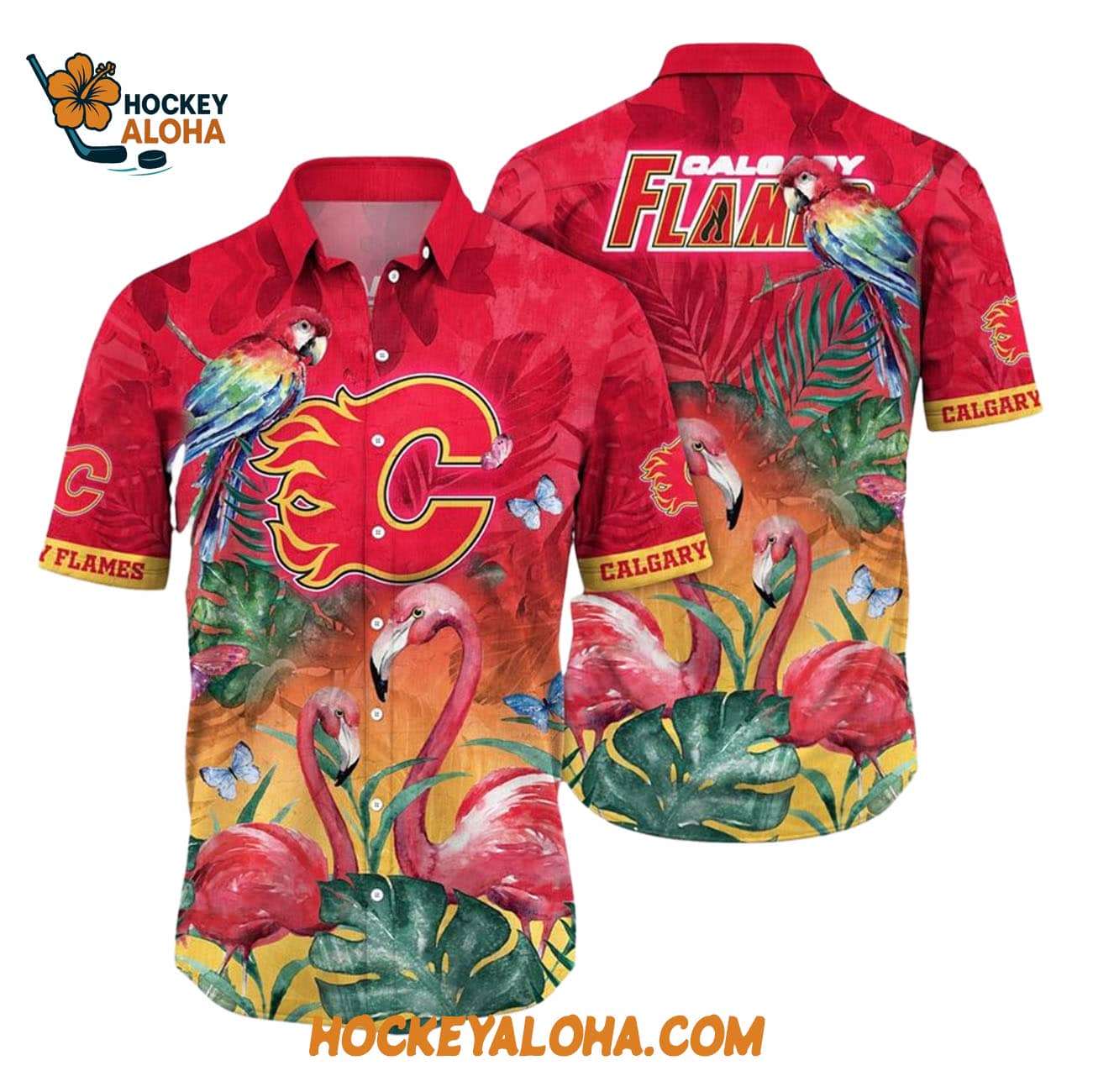 Calgary Flames Tropical Parrot And Flamingo Motifs Summer Hawaiian Shirt Calgary Flames Tropical Parrot And Flamingo Motifs Summer Hawaiian Shirt
