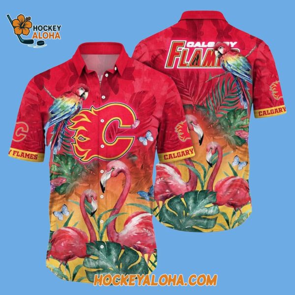 Calgary Flames Tropical Parrot And Flamingo Motifs Summer Hawaiian Shirt 2