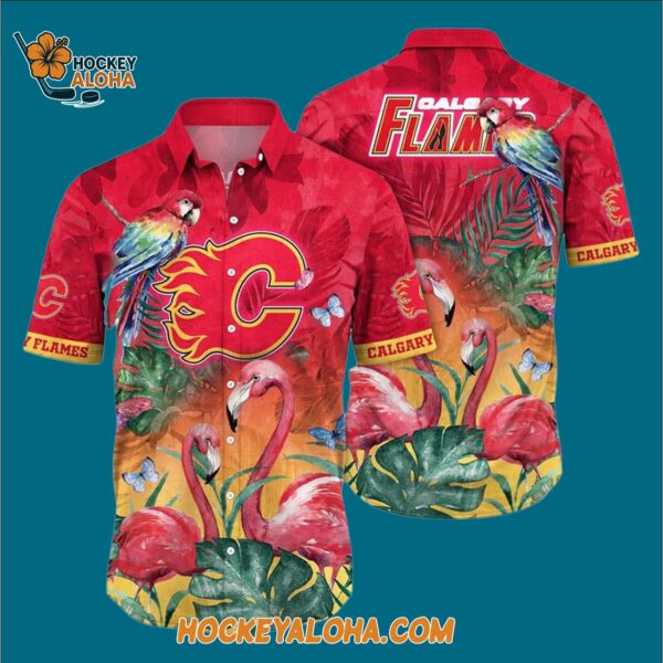 Calgary Flames Tropical Parrot And Flamingo Motifs Summer Hawaiian Shirt 3