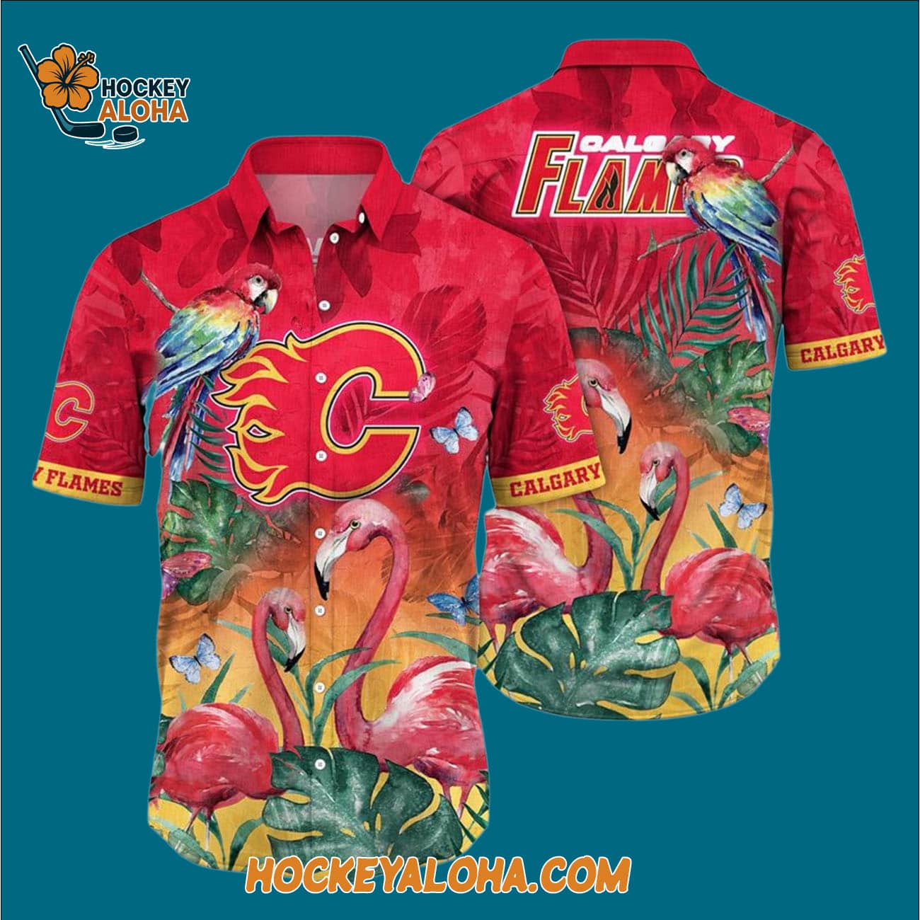Calgary Flames Tropical Parrot And Flamingo Motifs Summer Hawaiian Shirt Calgary Flames Tropical Parrot And Flamingo Motifs Summer Hawaiian Shirt