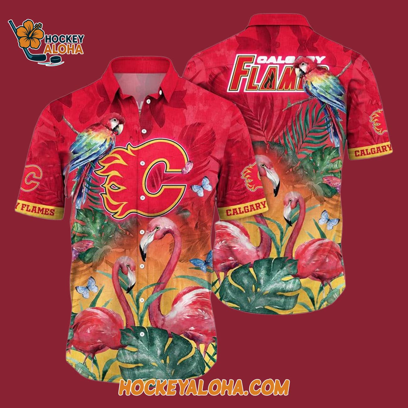 Calgary Flames Tropical Parrot And Flamingo Motifs Summer Hawaiian Shirt Calgary Flames Tropical Parrot And Flamingo Motifs Summer Hawaiian Shirt