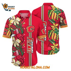 Calgary Flames Tropical Tropical Forest Floral Pattern Summer Hawaiian Shirt 1