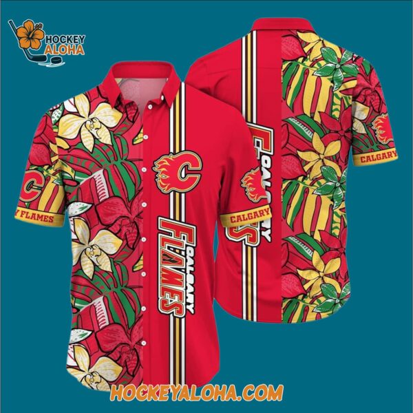 Calgary Flames Tropical Tropical Forest Floral Pattern Summer Hawaiian Shirt 3