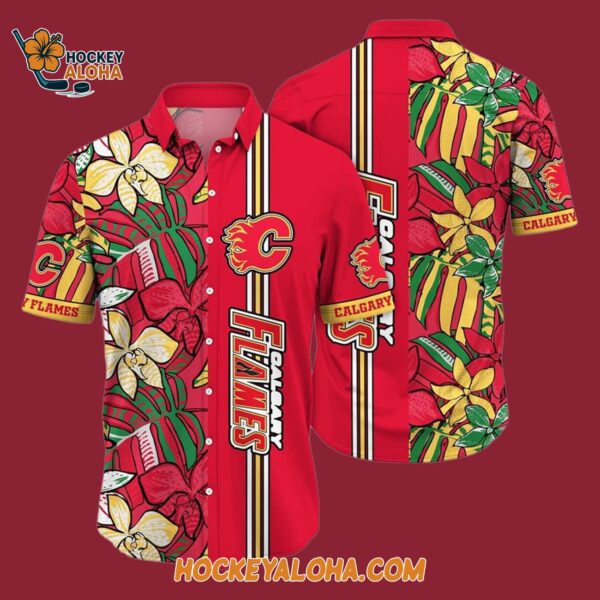 Calgary Flames Tropical Tropical Forest Floral Pattern Summer Hawaiian Shirt 4