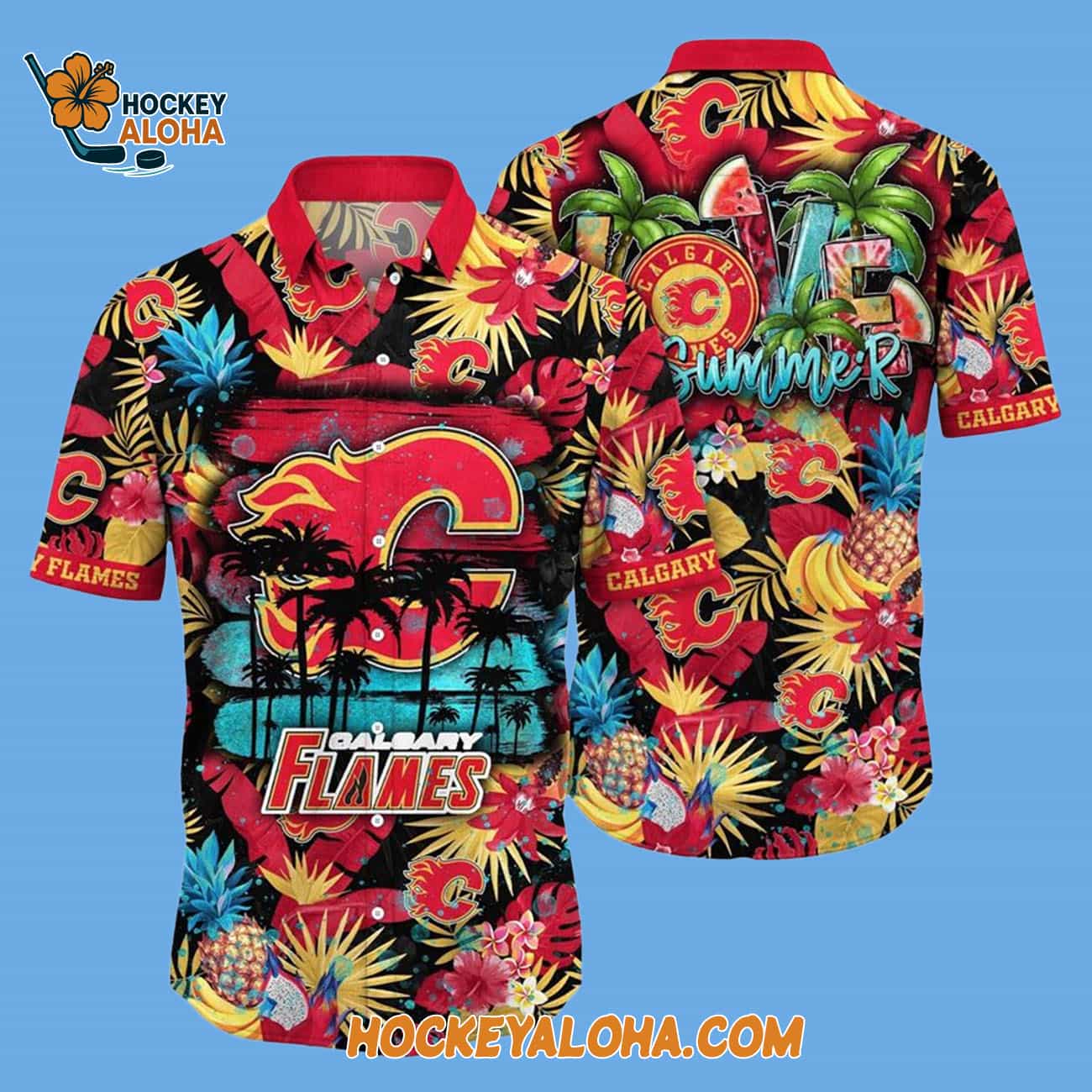 Calgary Flames With Tropical Fruits Summer Hawaiian Shirt Calgary Flames With Tropical Fruits Summer Hawaiian Shirt
