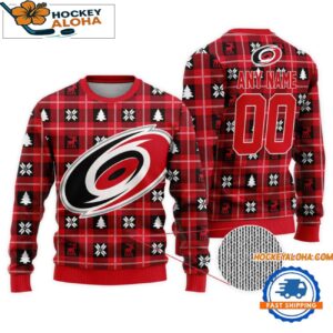 Carolina Hurricanes Snow Tree Christmas Ugly Sweater Custom Name And Custom Number