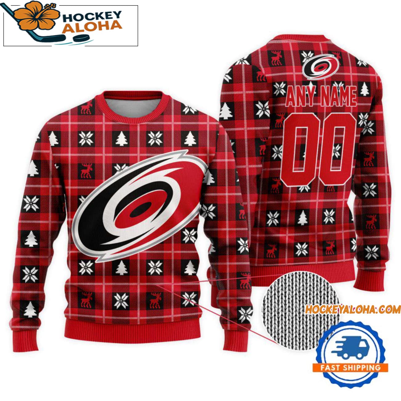 Carolina Hurricanes Snow Tree Christmas Ugly Sweater, Custom Name And Custom Number Carolina Hurricanes Snow Tree Christmas Ugly Sweater, Custom Name And Custom Number