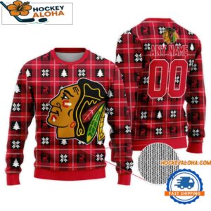 Chicago Blackhawks Snow Tree Christmas Ugly Sweater Custom Name And Custom Number