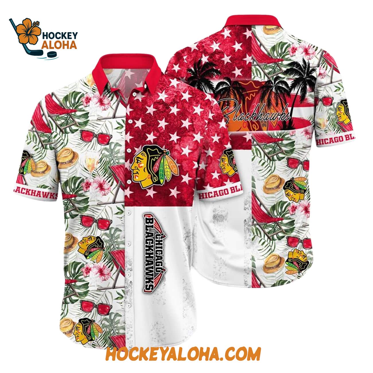 Chicago Blackhawks Tropical Hat And Glasses Pattern Summer Hawaiian Shirt Chicago Blackhawks Tropical Hat And Glasses Pattern Summer Hawaiian Shirt