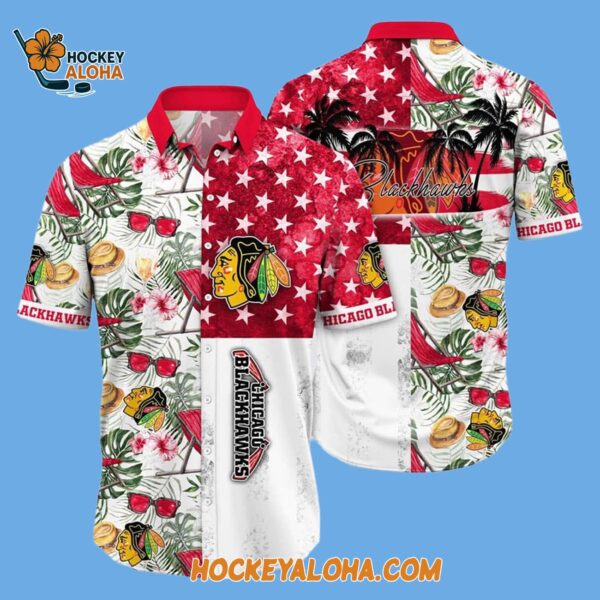 Chicago Blackhawks Tropical Hat And Glasses Pattern Summer Hawaiian Shirt 2