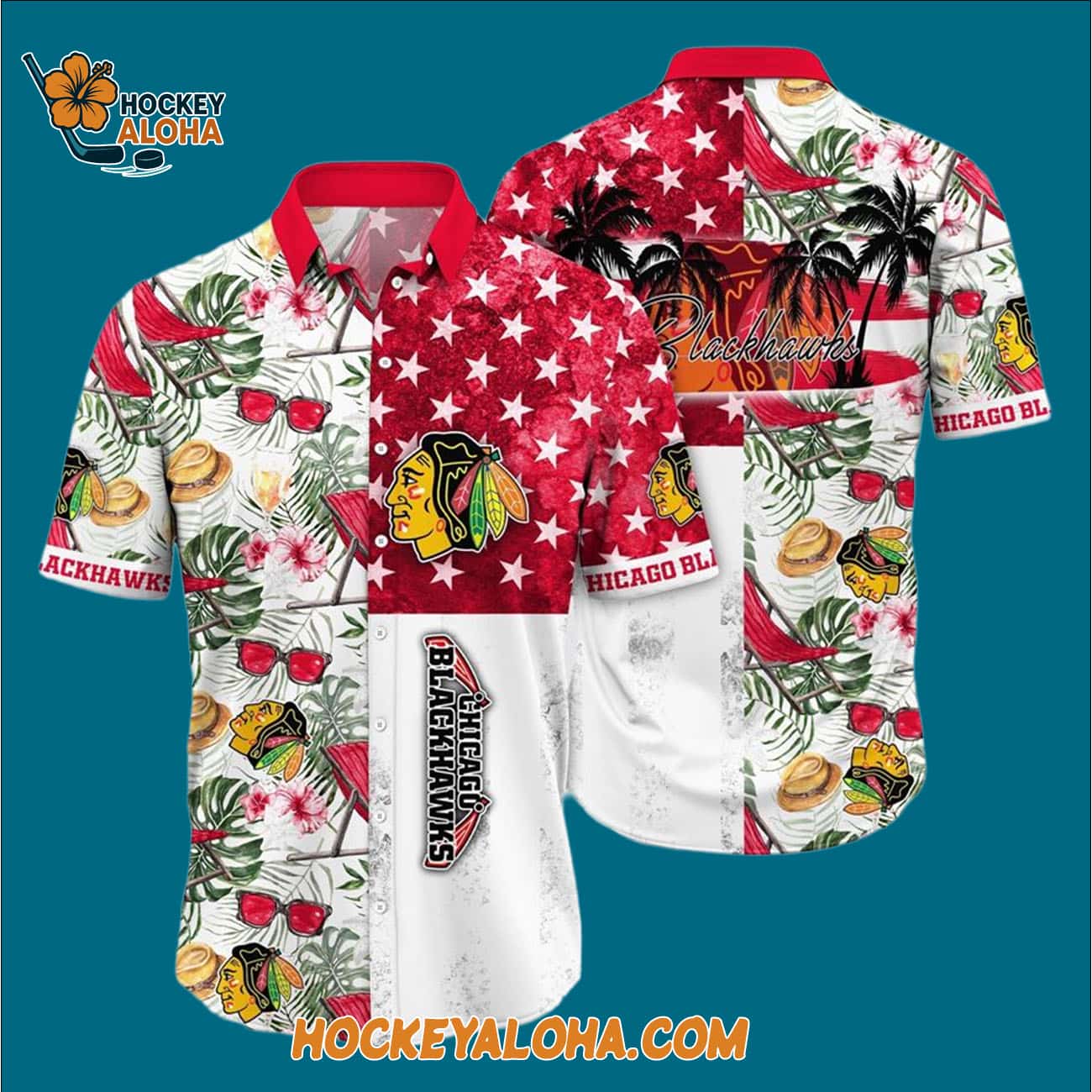 Chicago Blackhawks Tropical Hat And Glasses Pattern Summer Hawaiian Shirt Chicago Blackhawks Tropical Hat And Glasses Pattern Summer Hawaiian Shirt