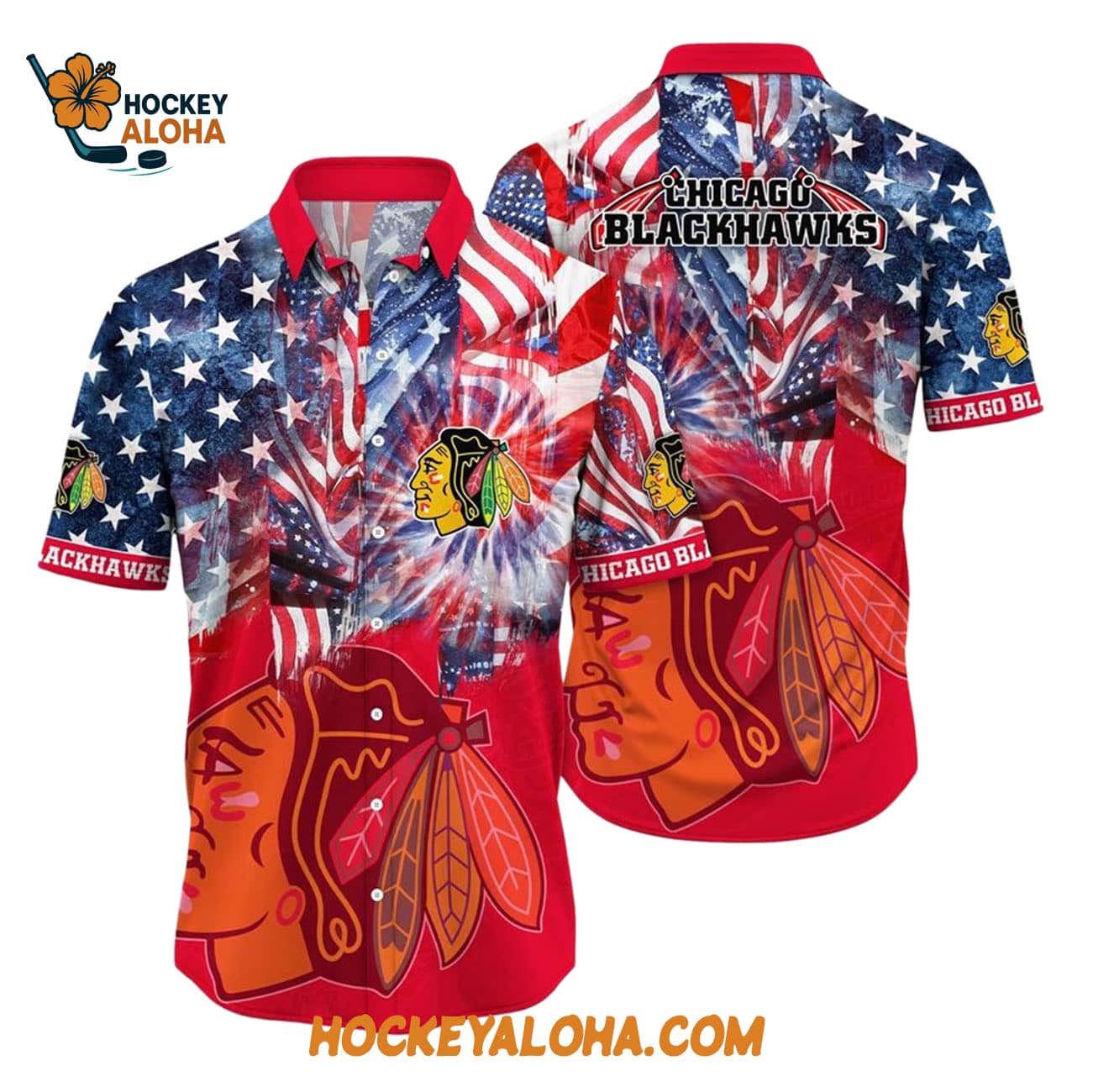 Chicago Blackhawks With American Independence Day Pattern Summer Hawaiian Shirt Chicago Blackhawks With American Independence Day Pattern Summer Hawaiian Shirt