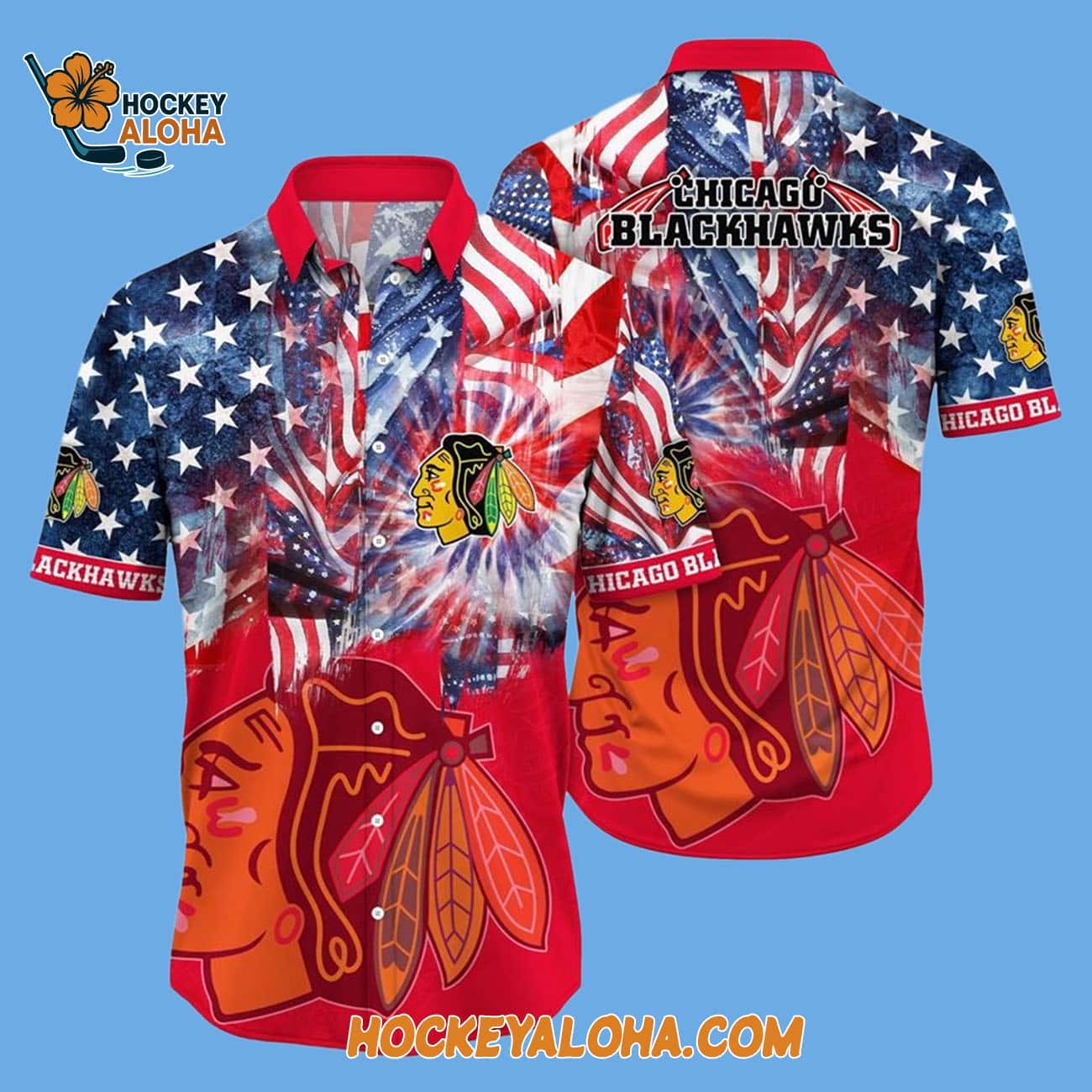 Chicago Blackhawks With American Independence Day Pattern Summer Hawaiian Shirt Chicago Blackhawks With American Independence Day Pattern Summer Hawaiian Shirt
