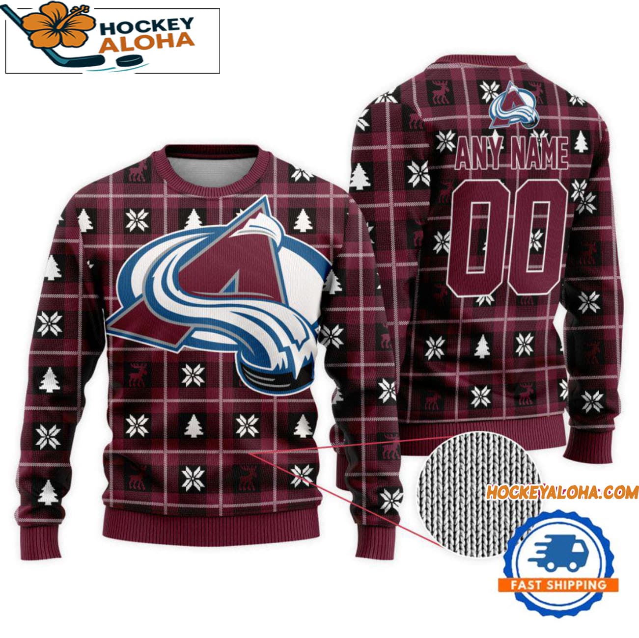 Colorado Avalanche Snow Tree Christmas Ugly Sweater, Custom Name And Custom Number Colorado Avalanche Snow Tree Christmas Ugly Sweater, Custom Name And Custom Number