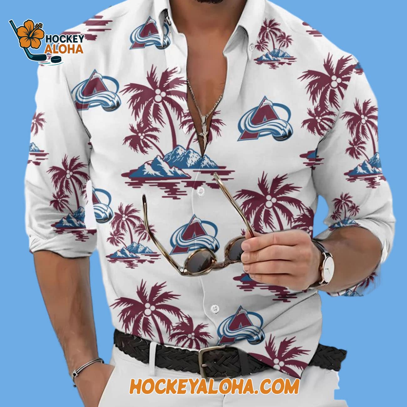 Colorado Avalanche Special Hockey Long Sleeve Hawaiian Button Shirt Colorado Avalanche Special Hockey Long Sleeve Hawaiian Button Shirt