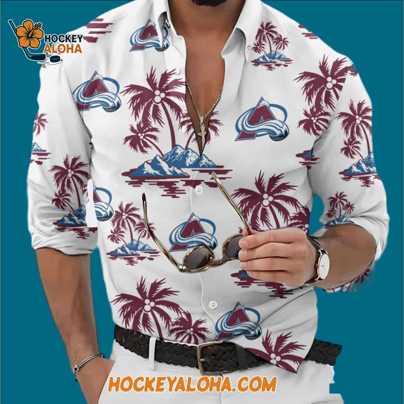 Colorado Avalanche Special Hockey Long Sleeve Hawaiian Button Shirt Colorado Avalanche Special Hockey Long Sleeve Hawaiian Button Shirt