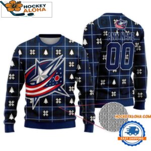 Columbus Blue Jackets Snow Tree Christmas Ugly Sweater Custom Name And Custom Number