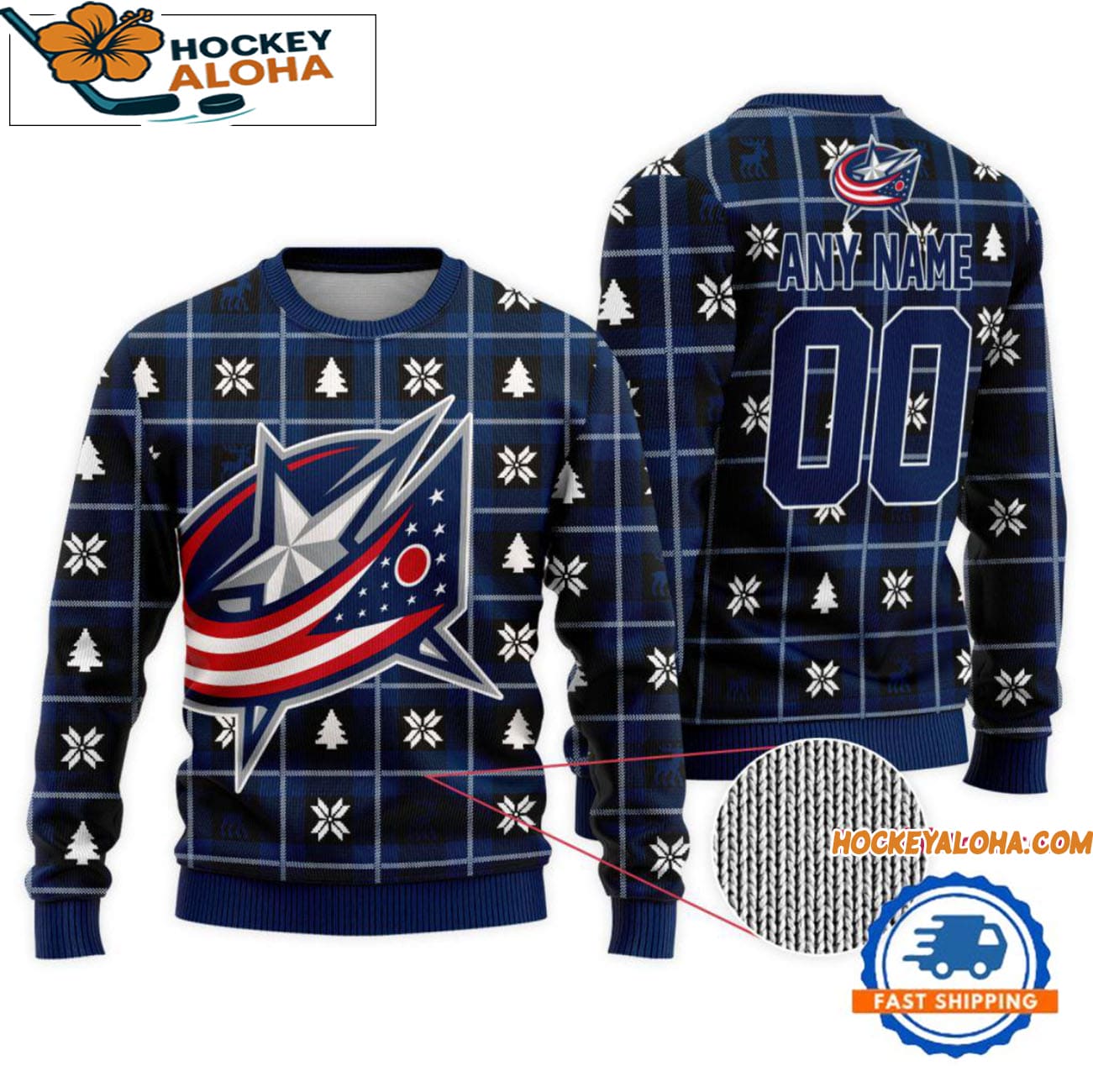 Columbus Blue Jackets Snow Tree Christmas Ugly Sweater, Custom Name And Custom Number Columbus Blue Jackets Snow Tree Christmas Ugly Sweater, Custom Name And Custom Number
