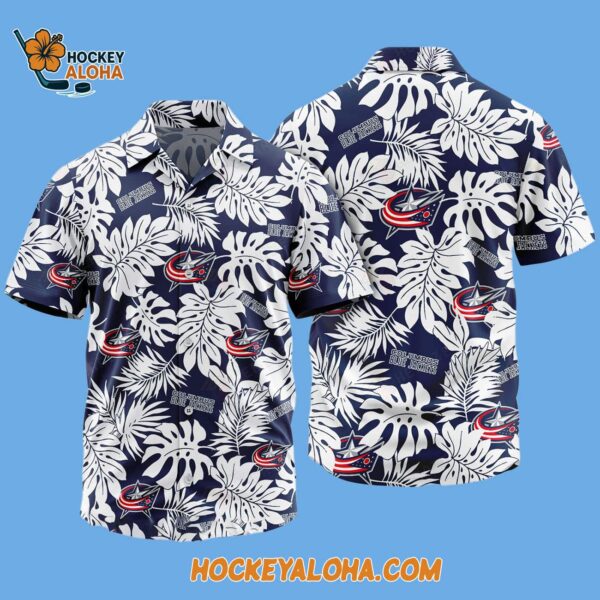 Columbus Blue Jackets Tropical Leafs Design Hawaiian Shirt 2