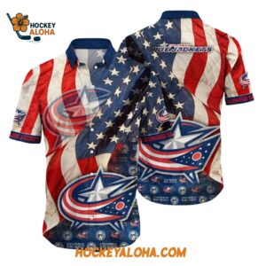 Columbus Blue Jackets With American Flag Pattern Summer Hawaiian Shirt 1