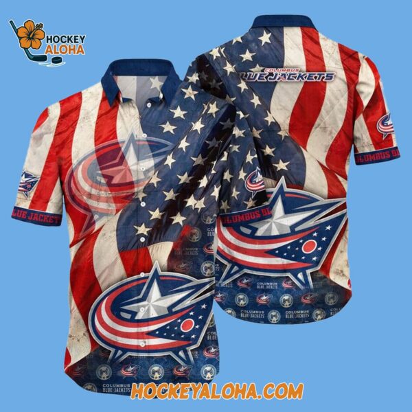 Columbus Blue Jackets With American Flag Pattern Summer Hawaiian Shirt 2