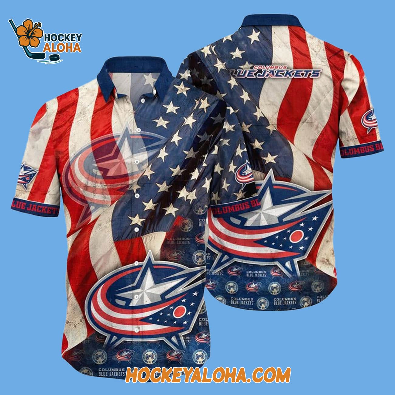 Columbus Blue Jackets With American Flag Pattern Summer Hawaiian Shirt Columbus Blue Jackets With American Flag Pattern Summer Hawaiian Shirt