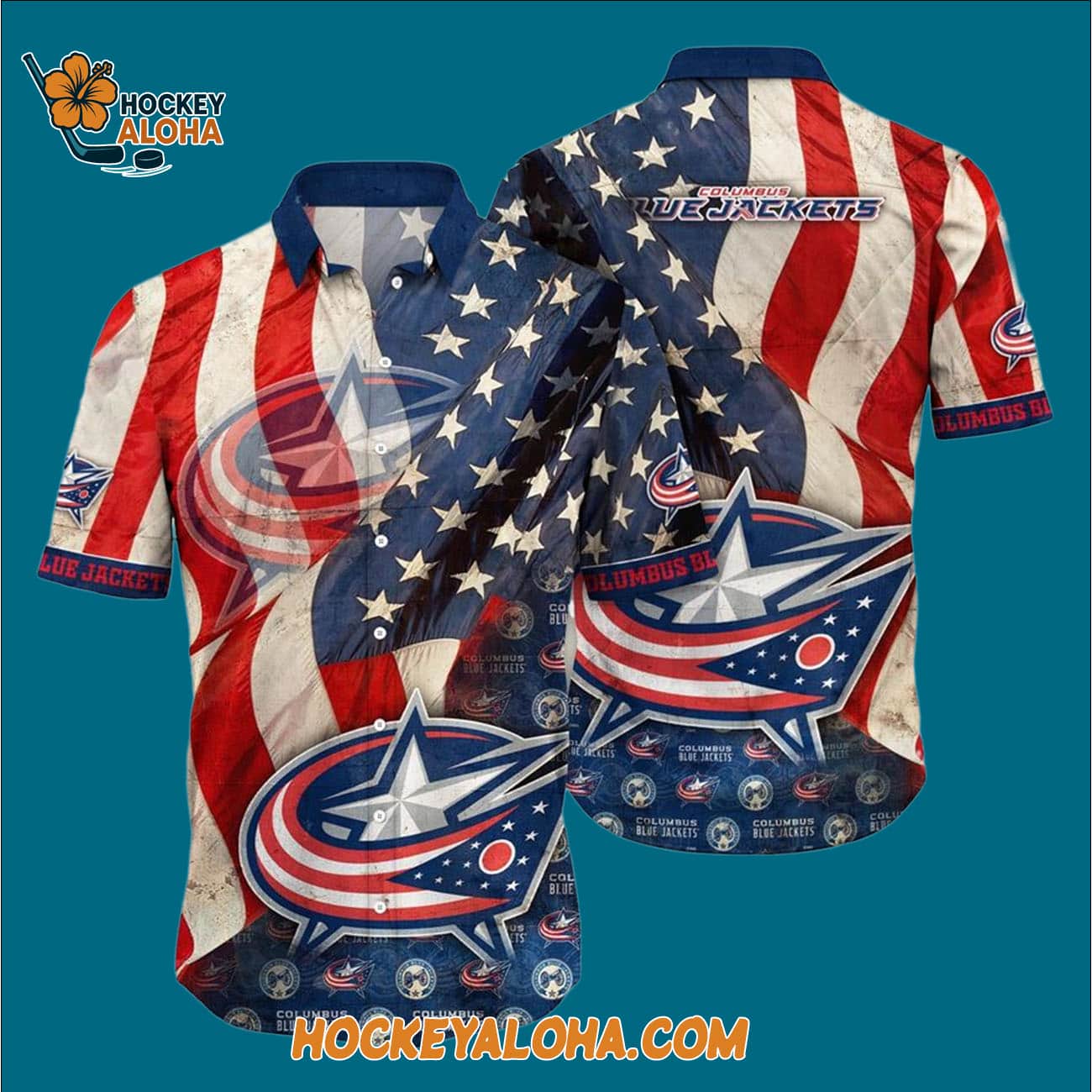 Columbus Blue Jackets With American Flag Pattern Summer Hawaiian Shirt Columbus Blue Jackets With American Flag Pattern Summer Hawaiian Shirt