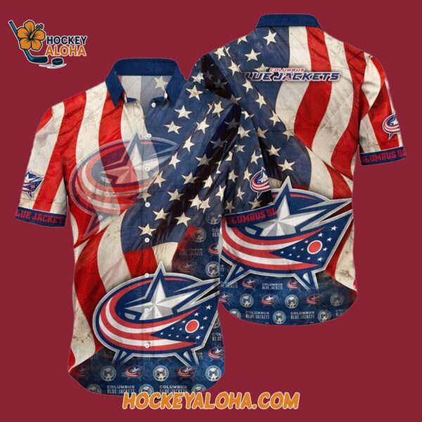Columbus Blue Jackets With American Flag Pattern Summer Hawaiian Shirt 4