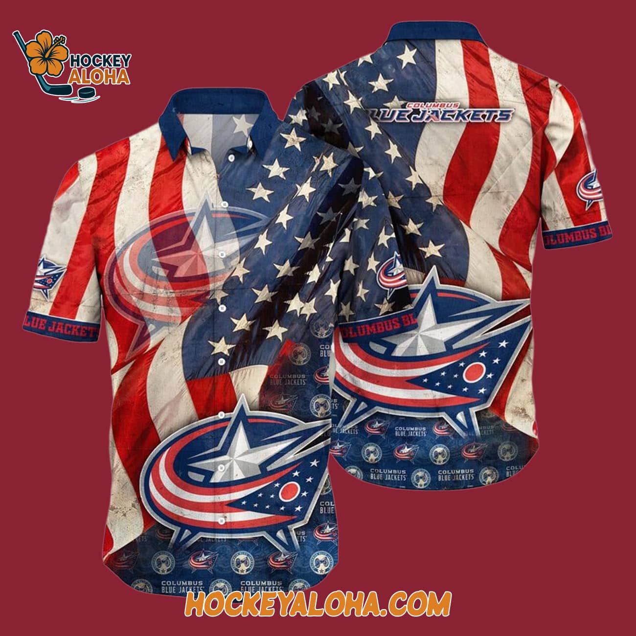 Columbus Blue Jackets With American Flag Pattern Summer Hawaiian Shirt Columbus Blue Jackets With American Flag Pattern Summer Hawaiian Shirt