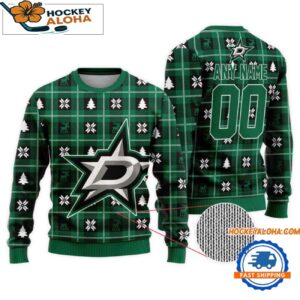 Dallas Stars Snow Tree Christmas Ugly Sweater Custom Name And Custom Number