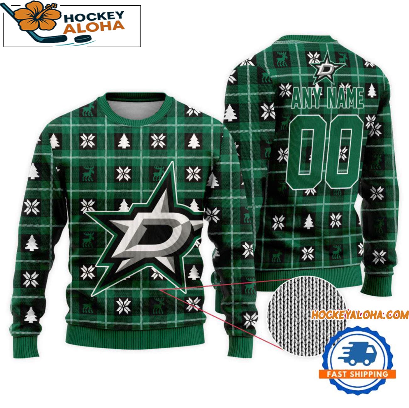 Dallas Stars Snow Tree Christmas Ugly Sweater, Custom Name And Custom Number Dallas Stars Snow Tree Christmas Ugly Sweater, Custom Name And Custom Number
