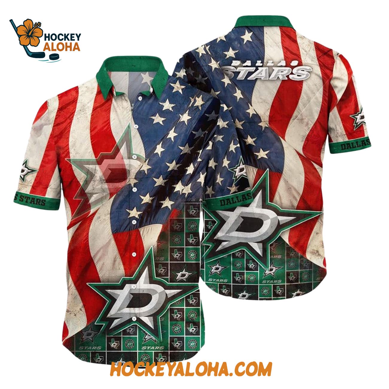 Dallas Stars With American Flag Pattern Summer Hawaiian Shirt Dallas Stars With American Flag Pattern Summer Hawaiian Shirt