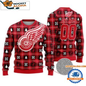 Detroit Red Wings Snow Tree Christmas Ugly Sweater Custom Name And Custom Number